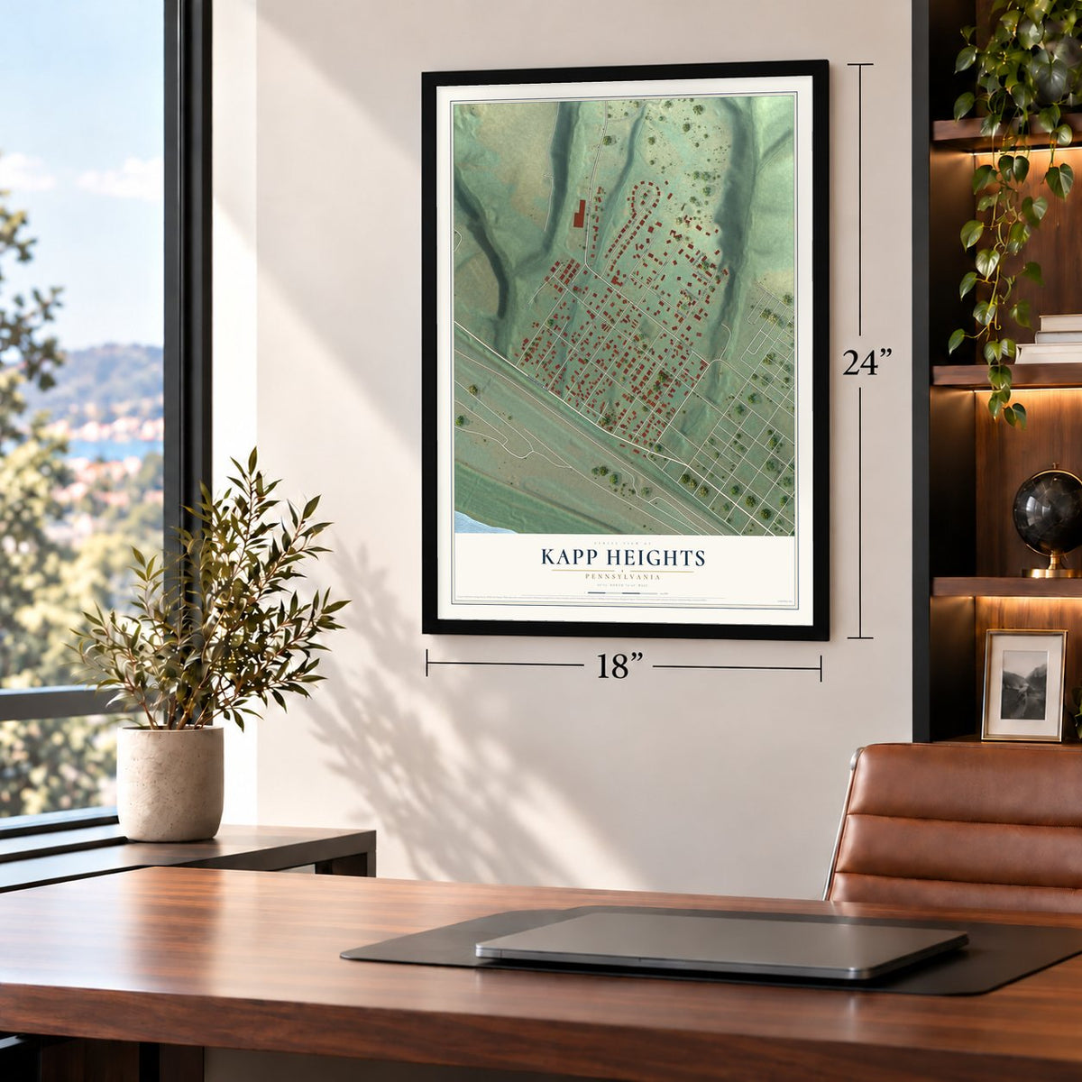 Kapp Heights, Pennsylvania map, 18 x 24 inch print in a black frame in a home office