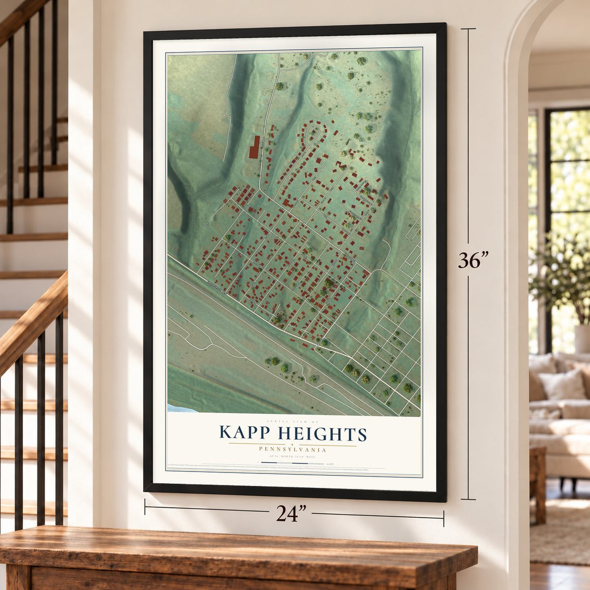 Kapp Heights, Pennsylvania map, 24 x 36 inch print in a black frame by a staircase
