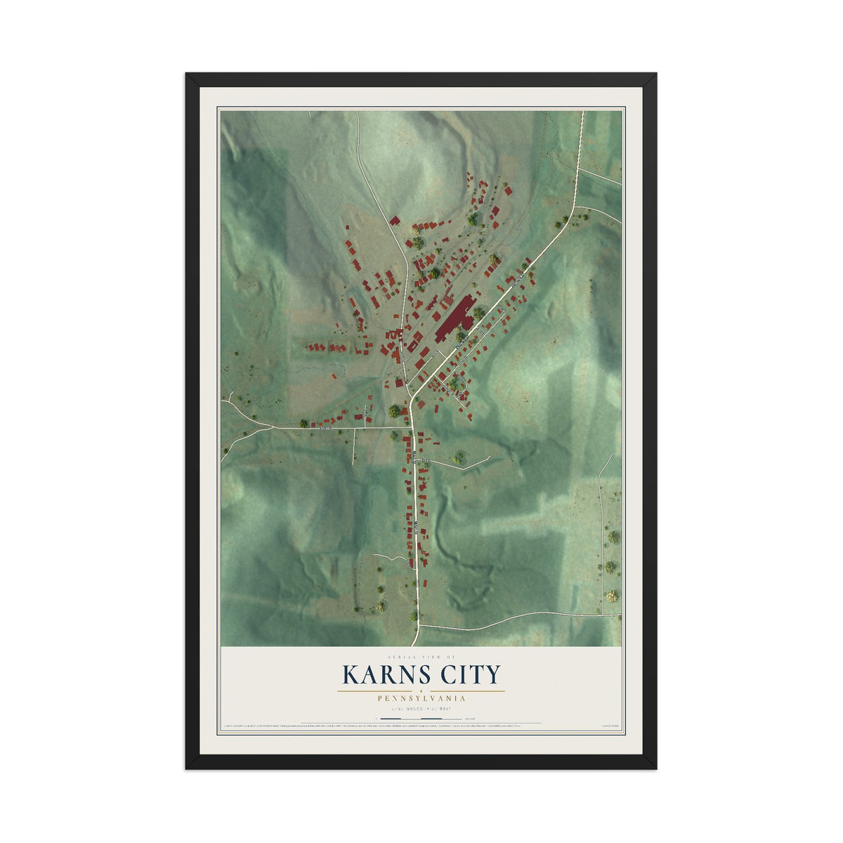 Map of Karns City, Pennsylvania, 12 x 18 inch print in a black wood frame
