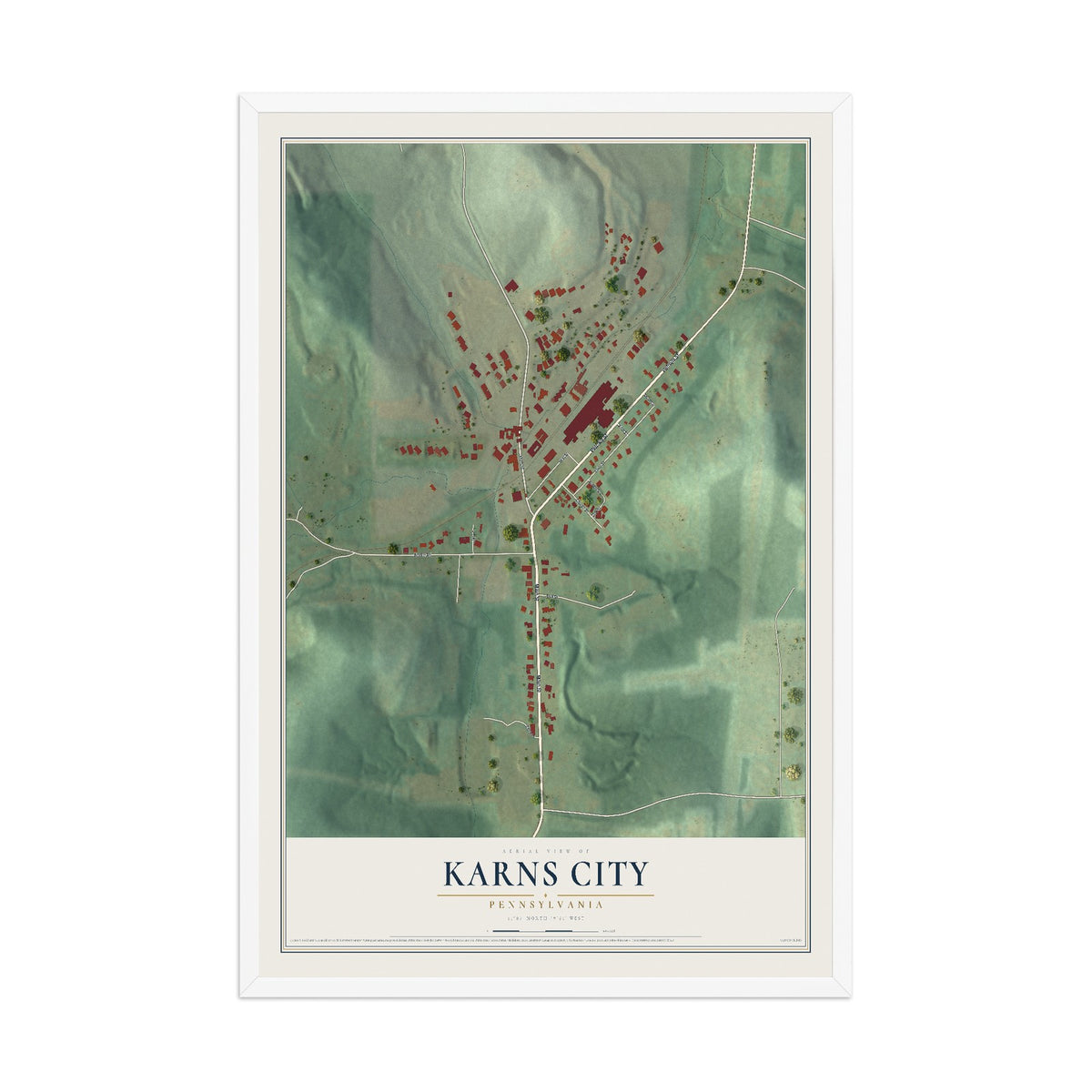 Map of Karns City, Pennsylvania, 12 x 18 inch print in a white wood frame