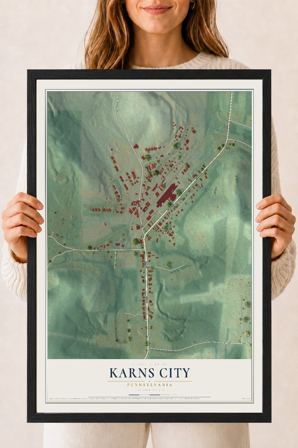 Map of Karns City, Pennsylvania, 18 x 24 inch print in a black wood frame