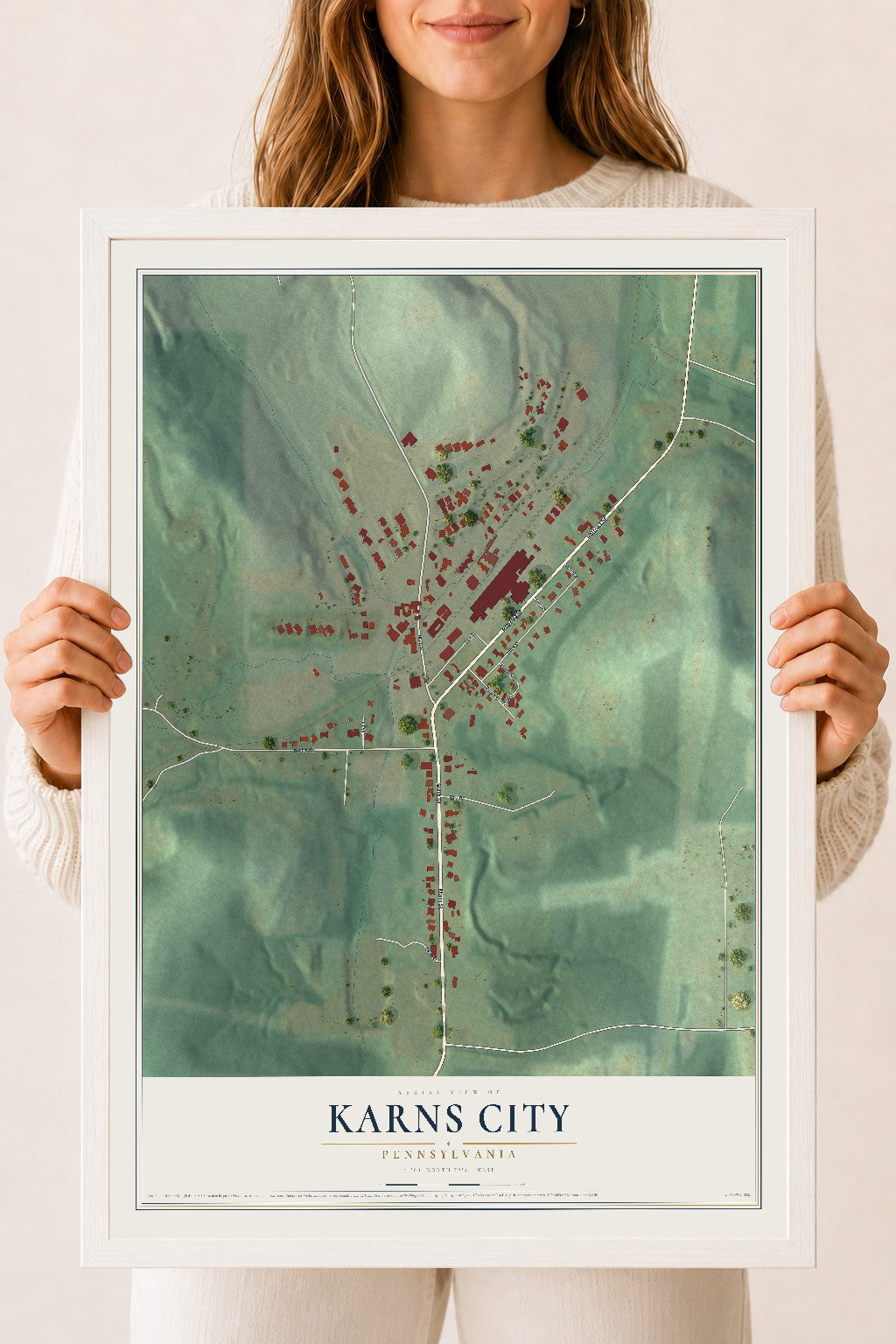 Map of Karns City, Pennsylvania, 18 x 24 inch print in a white wood frame