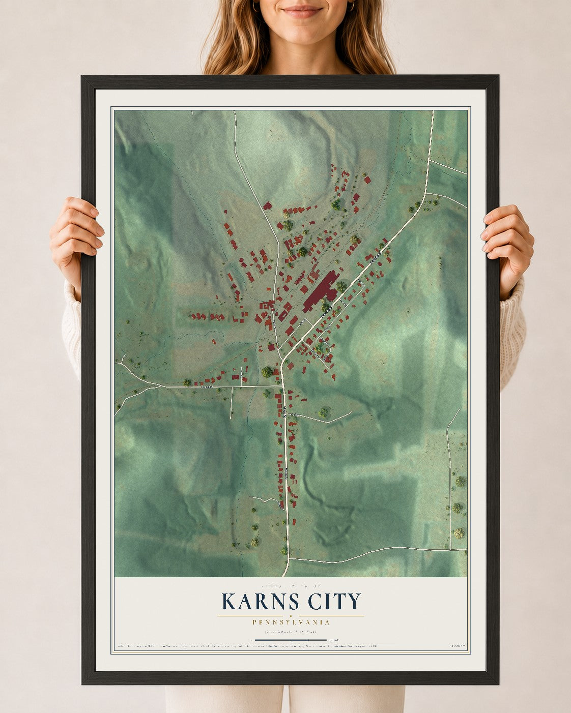 Map of Karns City, Pennsylvania, 24 x 36 inch print in a black wood frame