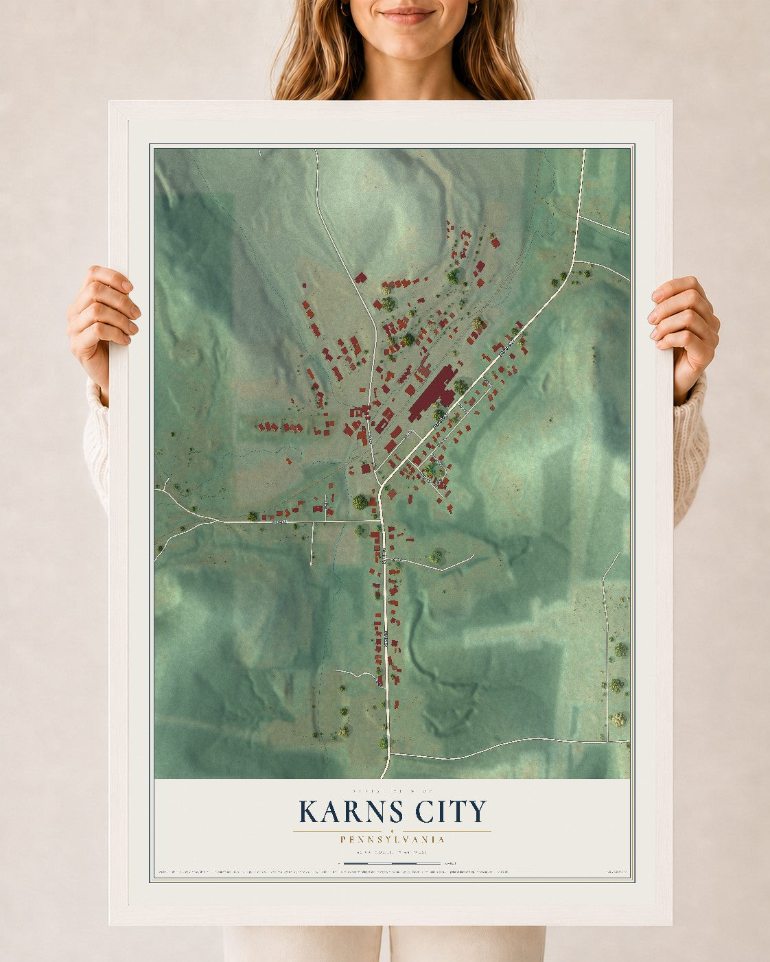 Map of Karns City, Pennsylvania, 24 x 36 inch print in a white wood frame