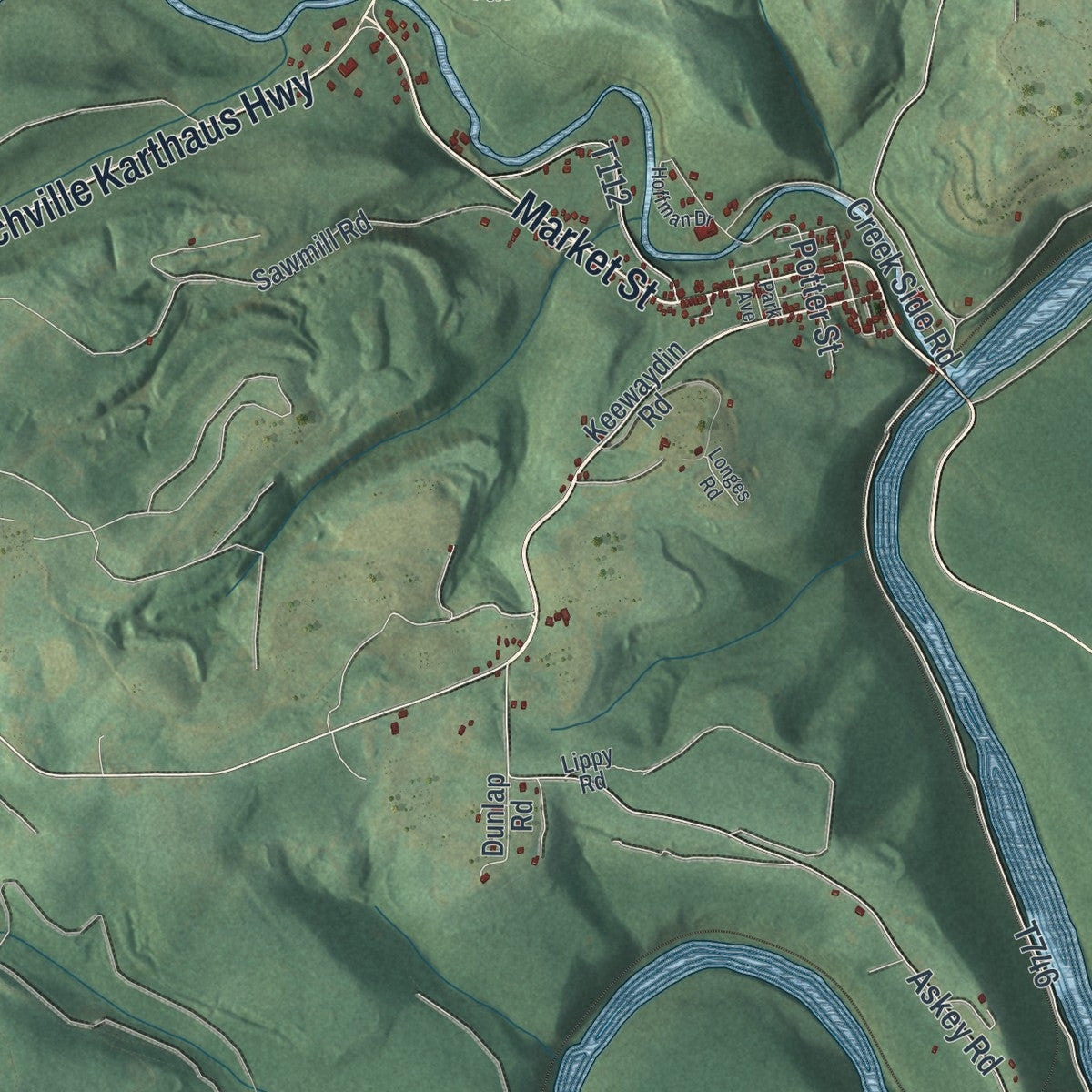Close-up of the map of Karthaus, Pennsylvania print showing street and building detail