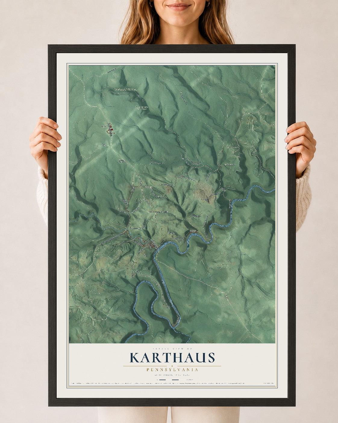 Map of Karthaus, Pennsylvania, 24 x 36 inch print in a black wood frame