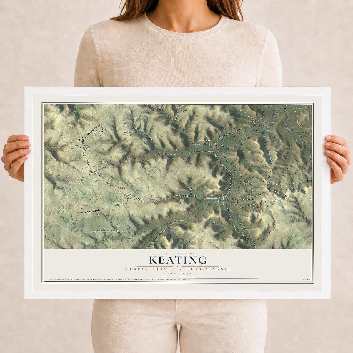 Map of Keating, McKean County, Pennsylvania, 12 x 18 inch print in a white wood frame