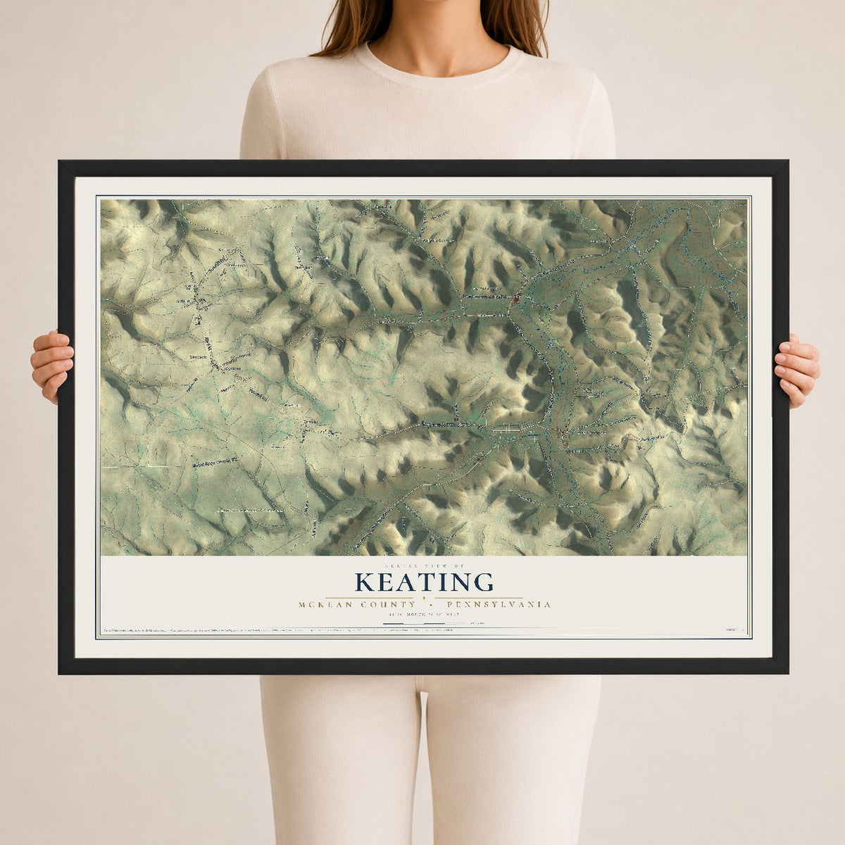 Map of Keating, McKean County, Pennsylvania, 24 x 36 inch print in a black wood frame