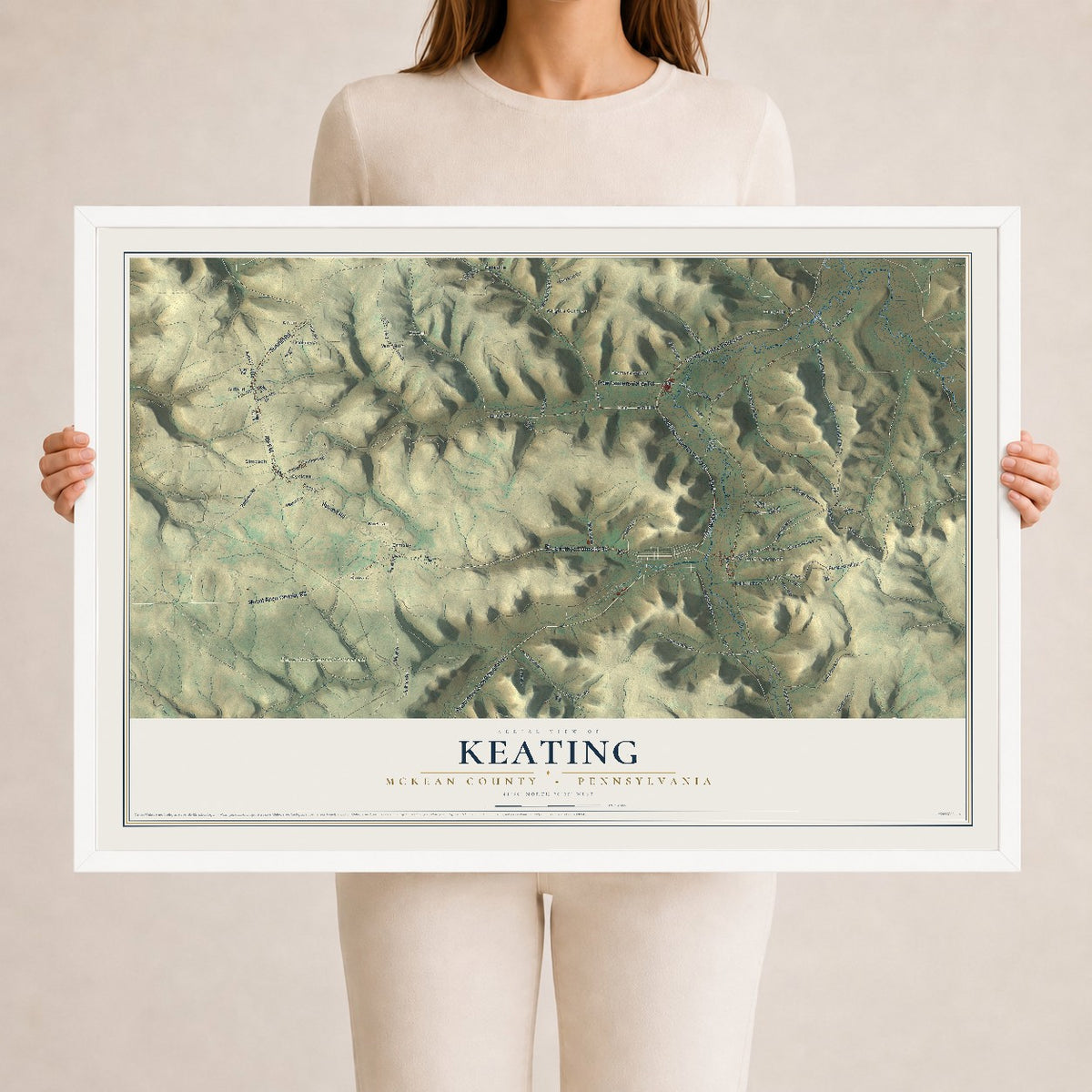 Map of Keating, McKean County, Pennsylvania, 24 x 36 inch print in a white wood frame