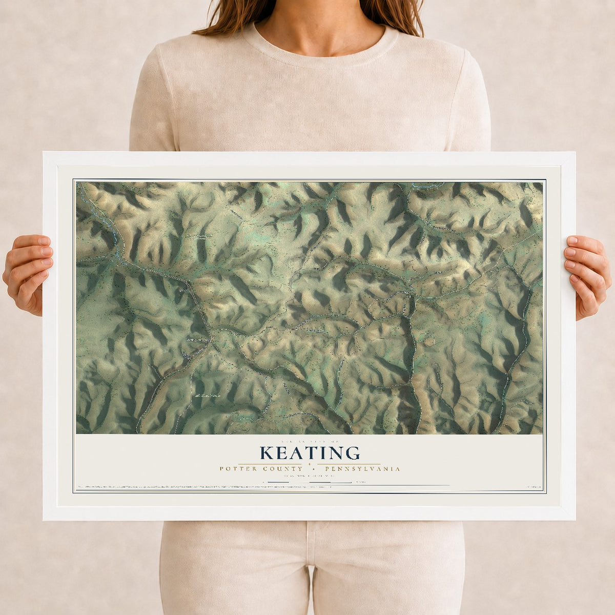 Map of Keating, Potter County, Pennsylvania, 12 x 18 inch print in a white wood frame