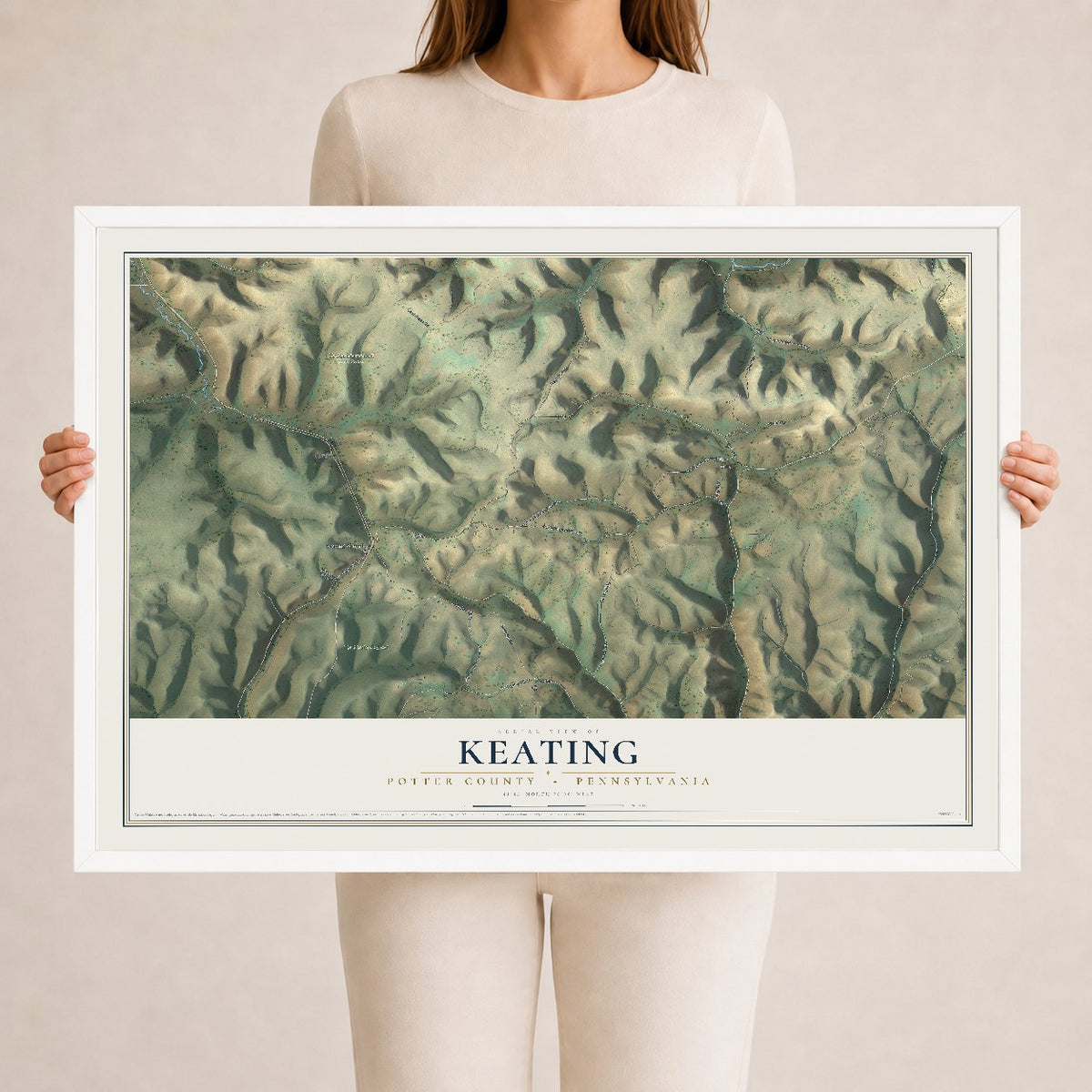 Map of Keating, Potter County, Pennsylvania, 24 x 36 inch print in a white wood frame