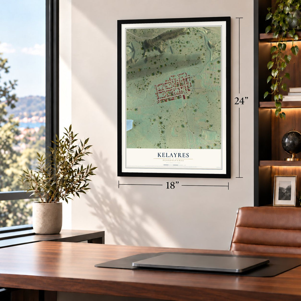 Kelayres, Pennsylvania map, 18 x 24 inch print in a black frame in a home office