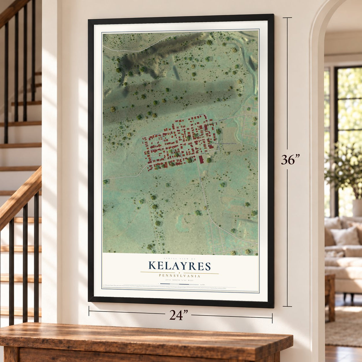 Kelayres, Pennsylvania map, 24 x 36 inch print in a black frame by a staircase