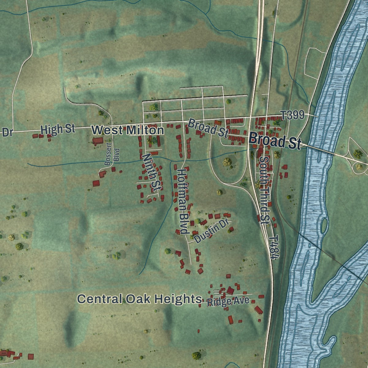 Close-up of the map of Kelly, Pennsylvania print showing street and building detail