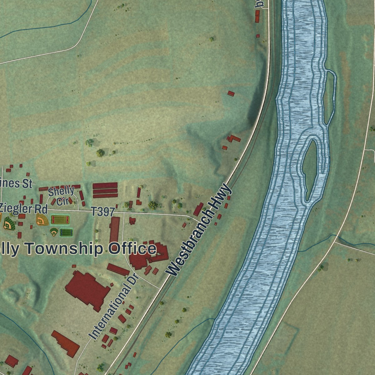 Second close-up of the map of Kelly, Pennsylvania print showing more streets and buildings