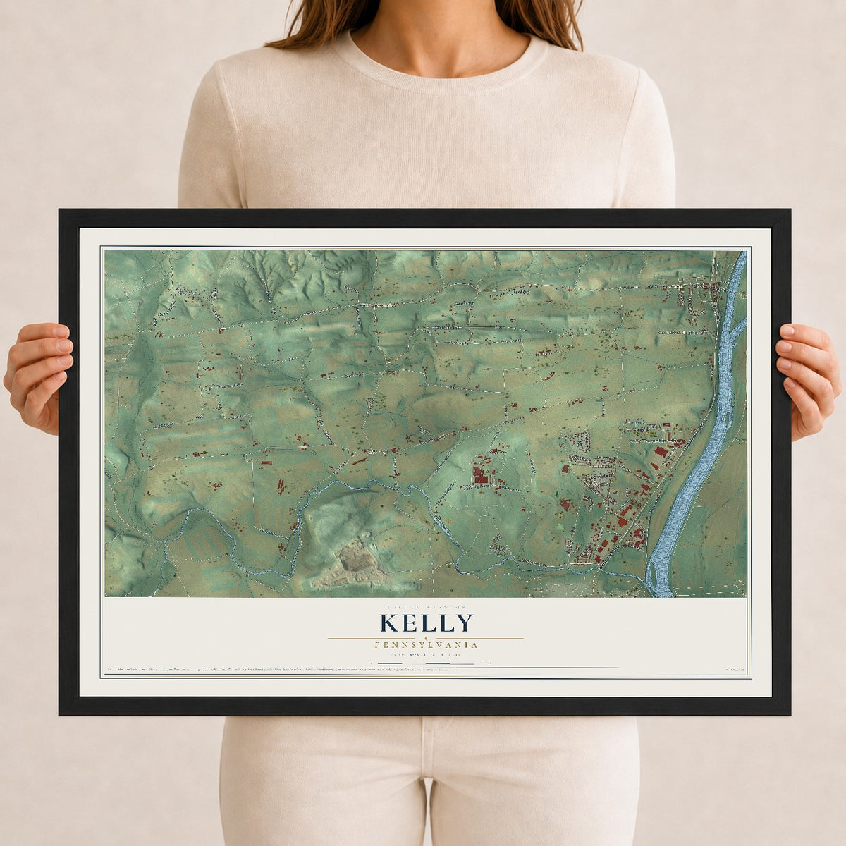 Map of Kelly, Pennsylvania, 12 x 18 inch print in a black wood frame