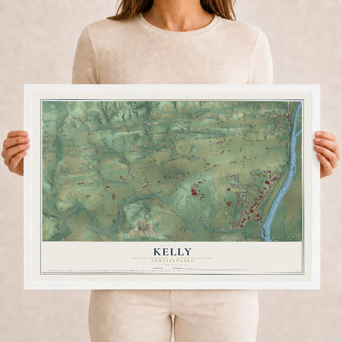 Map of Kelly, Pennsylvania, 12 x 18 inch print in a white wood frame