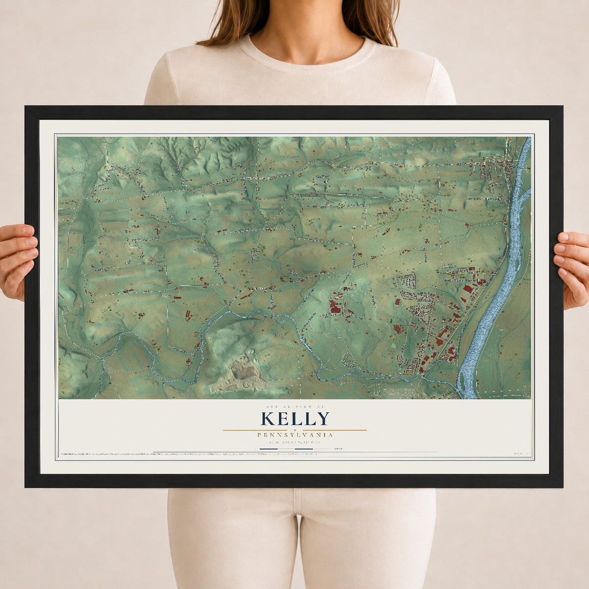 Map of Kelly, Pennsylvania, 18 x 24 inch print in a black wood frame