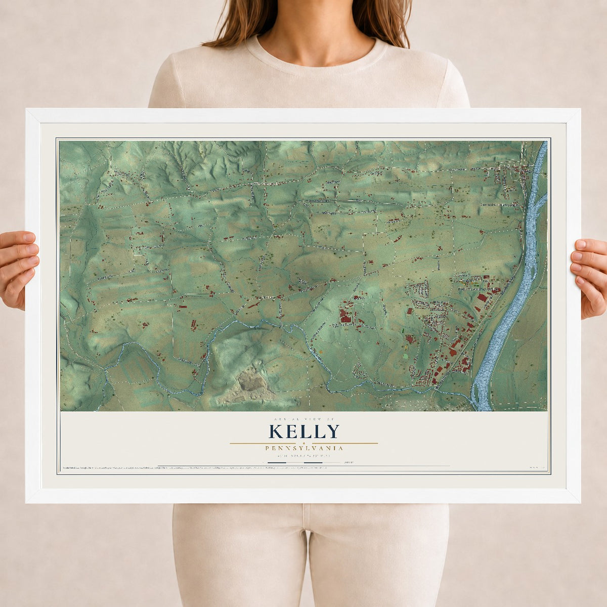Map of Kelly, Pennsylvania, 18 x 24 inch print in a white wood frame