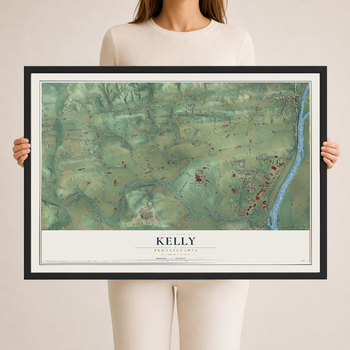 Map of Kelly, Pennsylvania, 24 x 36 inch print in a black wood frame