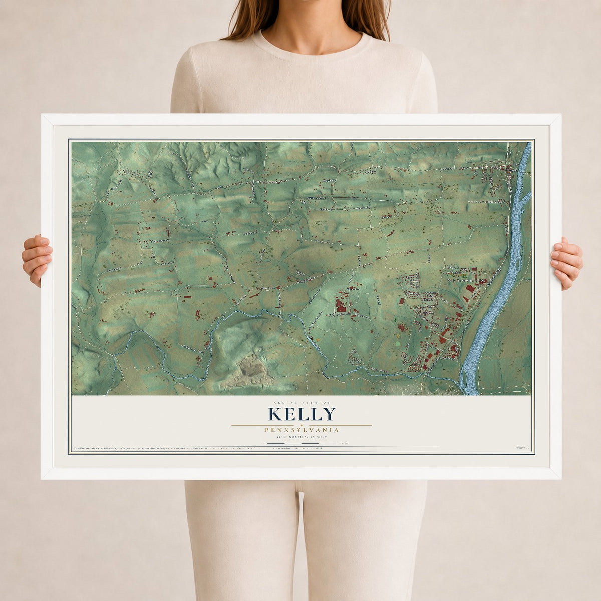Map of Kelly, Pennsylvania, 24 x 36 inch print in a white wood frame