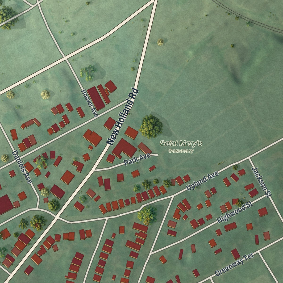 Second close-up of the map of Kenhorst, Pennsylvania print showing more streets and buildings
