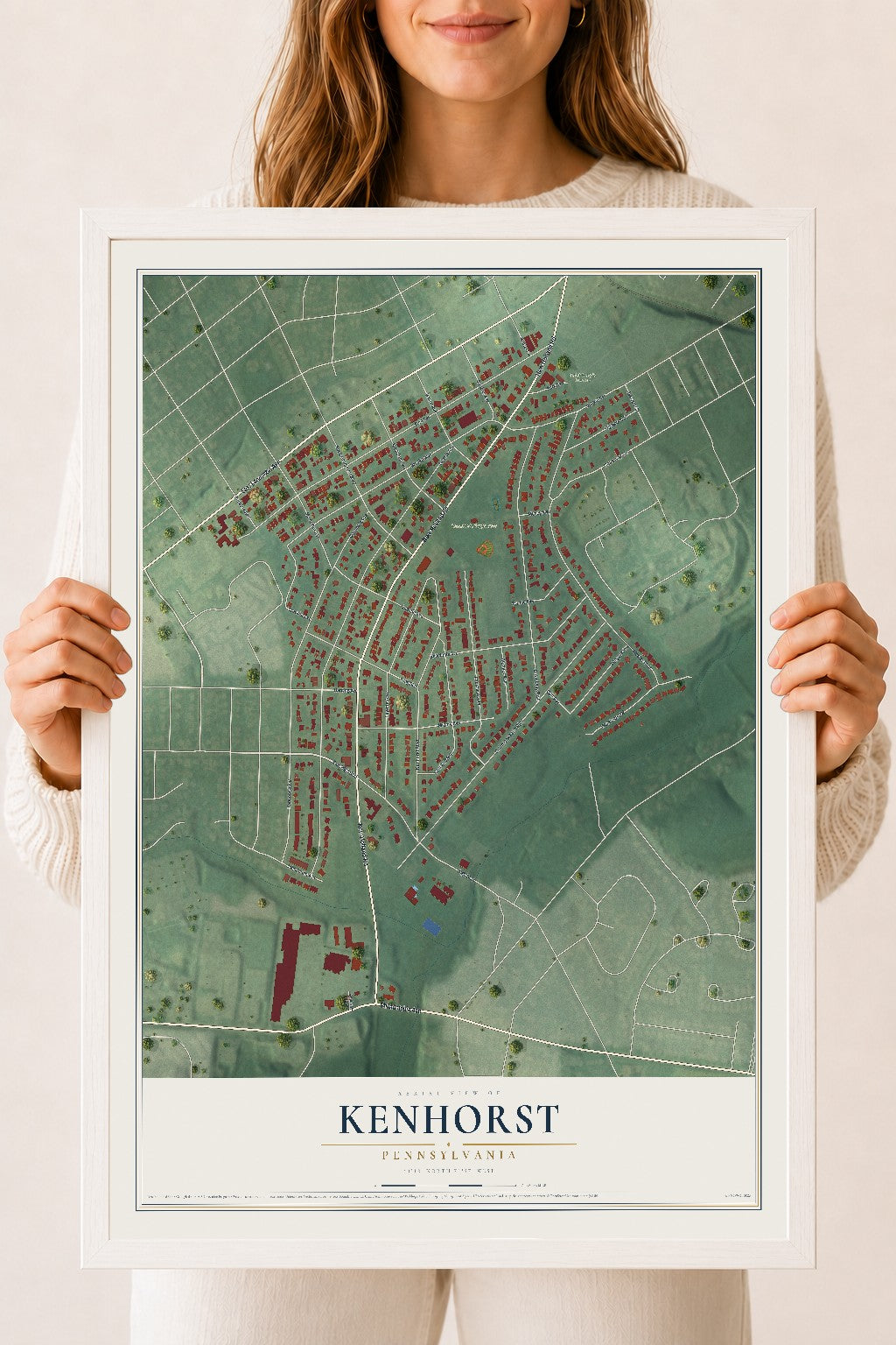 Map of Kenhorst, Pennsylvania, 18 x 24 inch print in a white wood frame