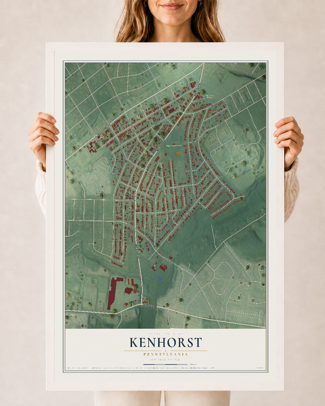 Map of Kenhorst, Pennsylvania, 24 x 36 inch print in a white wood frame