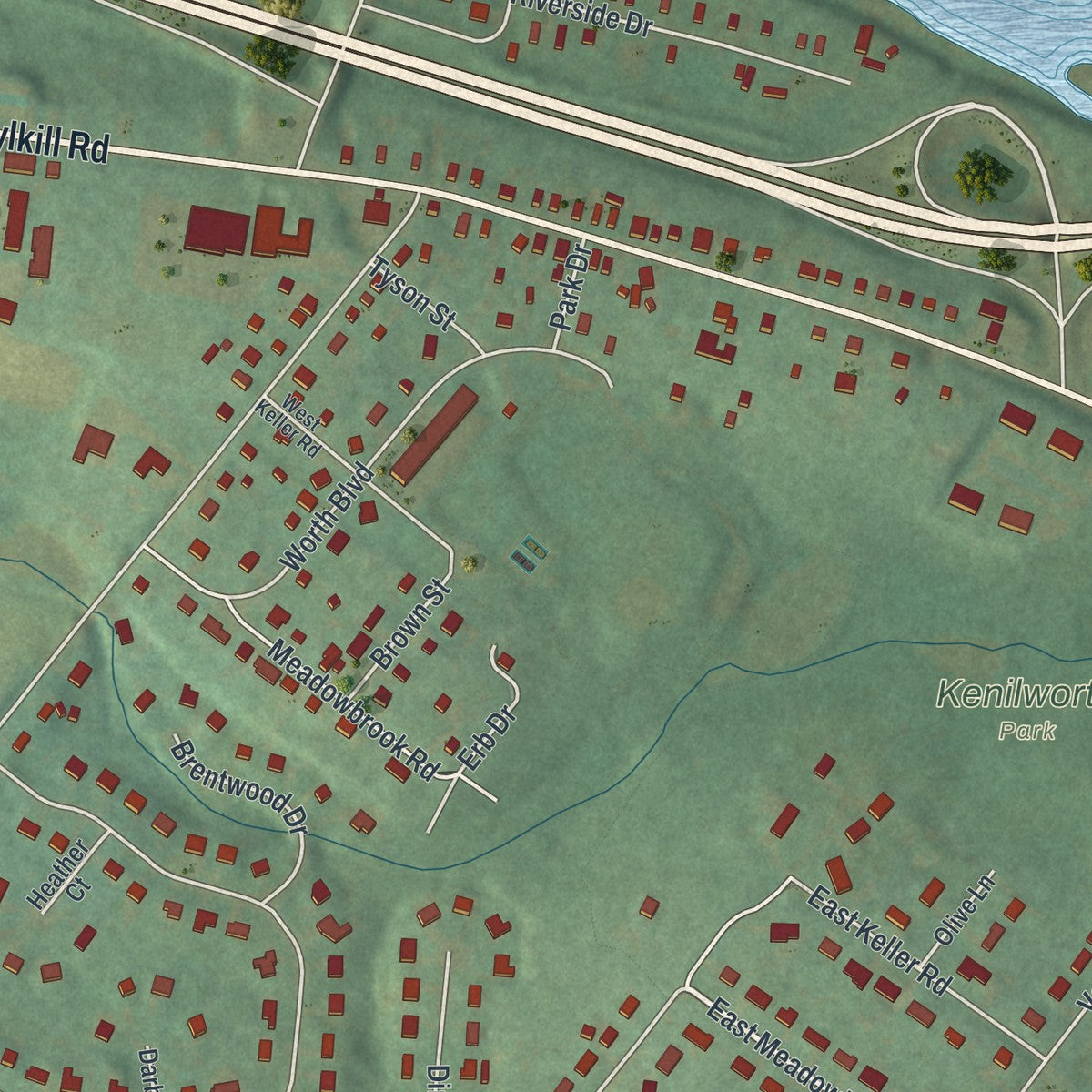 Close-up of the map of Kenilworth, Pennsylvania print showing street and building detail