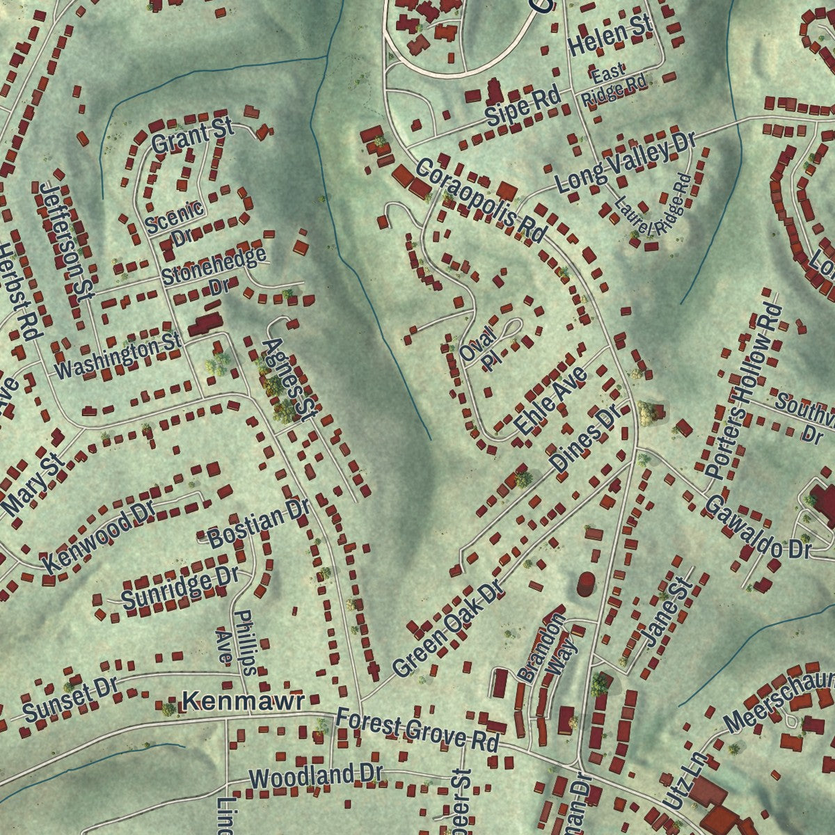 Second close-up of the map of Kennedy, Pennsylvania print showing more streets and buildings