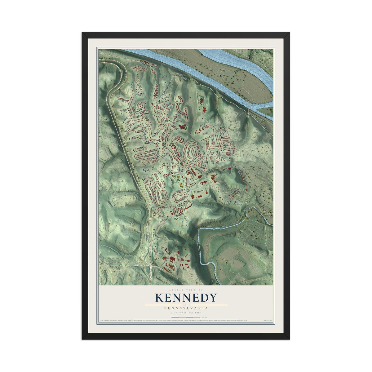Map of Kennedy, Pennsylvania, 12 x 18 inch print in a black wood frame
