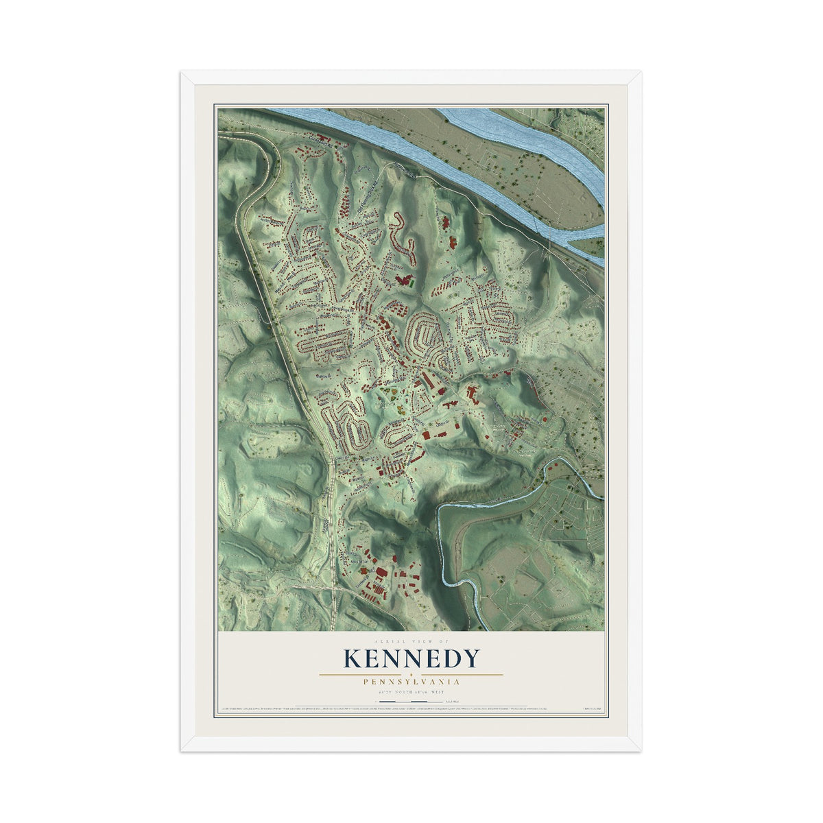 Map of Kennedy, Pennsylvania, 12 x 18 inch print in a white wood frame