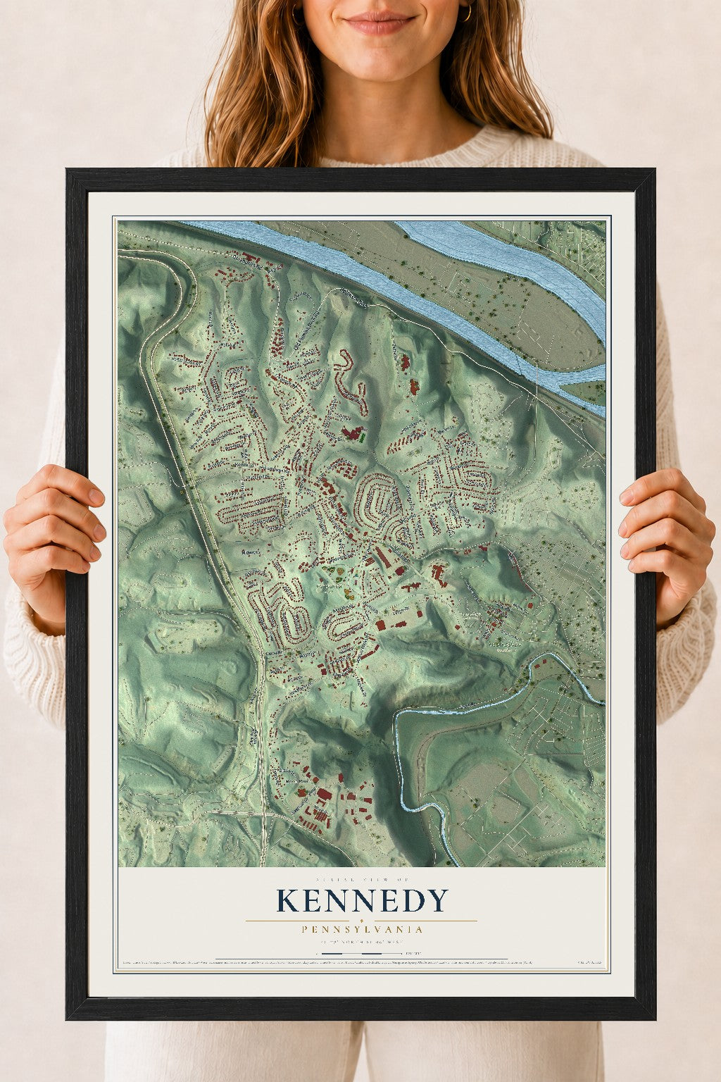 Map of Kennedy, Pennsylvania, 18 x 24 inch print in a black wood frame