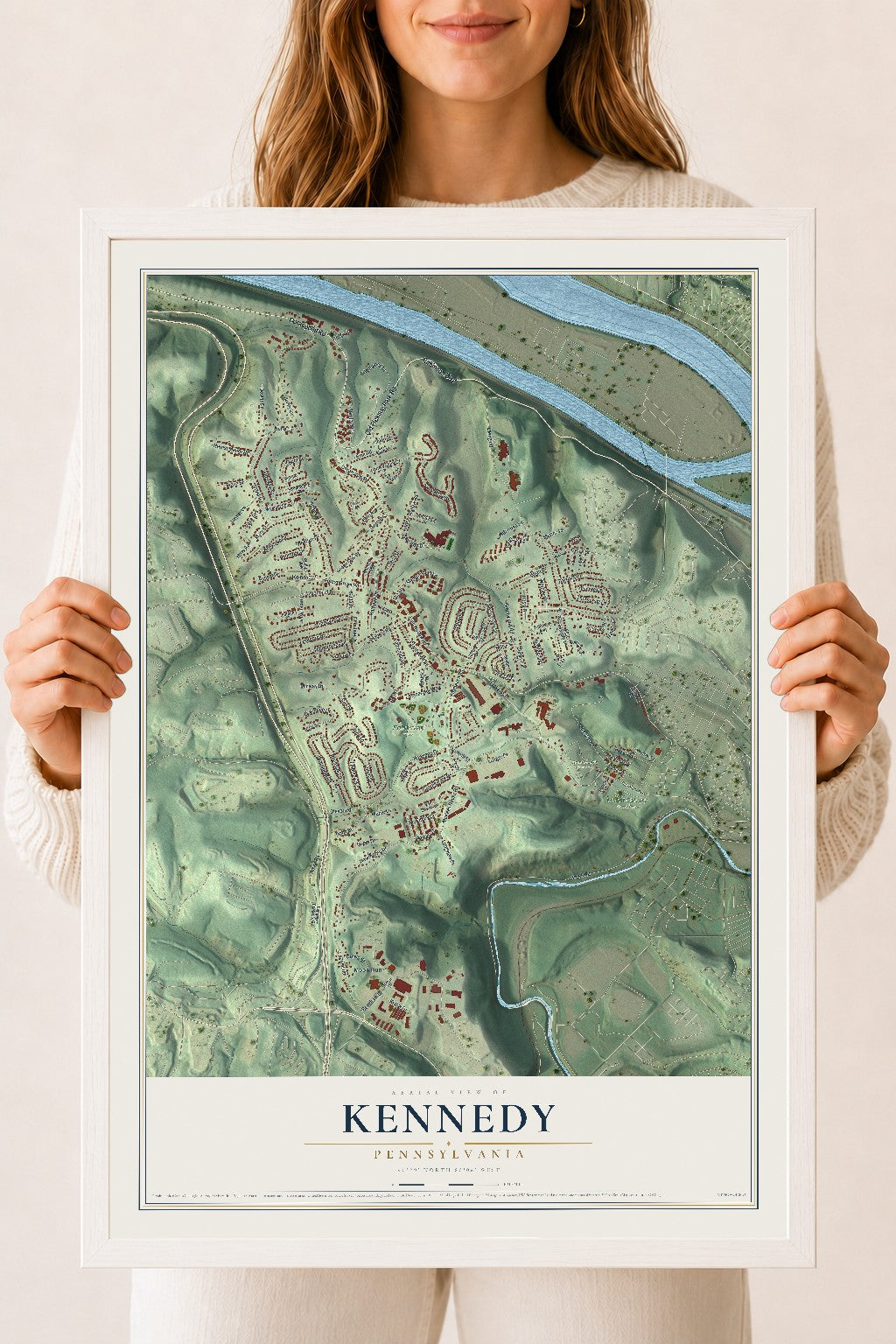 Map of Kennedy, Pennsylvania, 18 x 24 inch print in a white wood frame