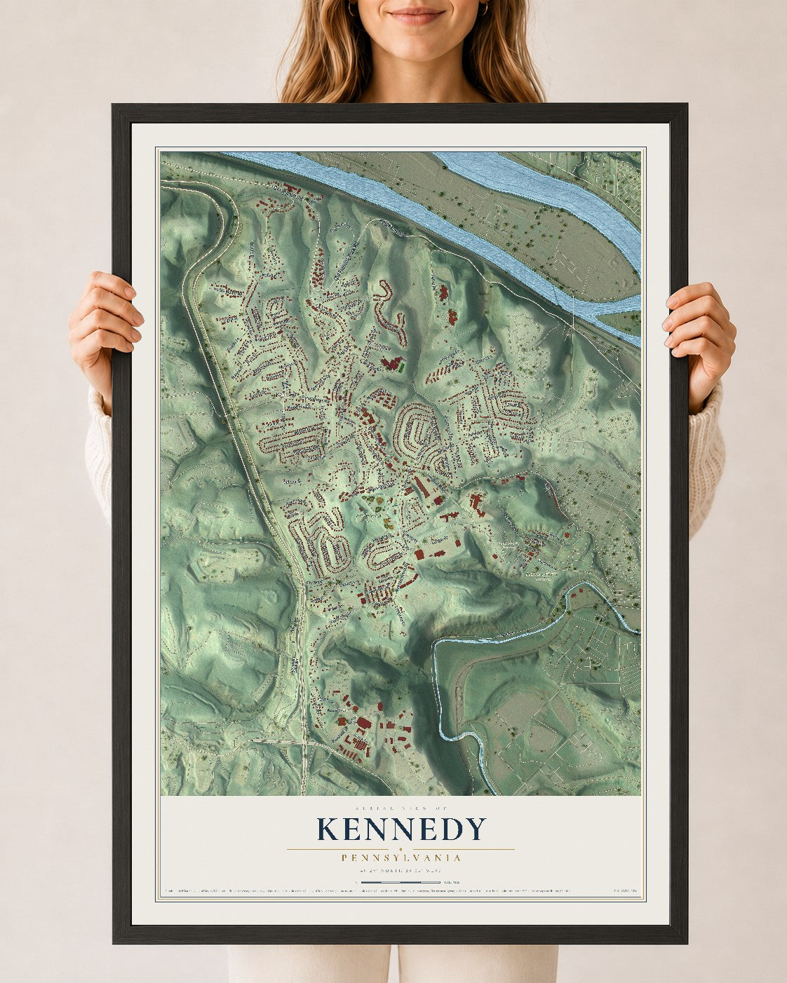 Map of Kennedy, Pennsylvania, 24 x 36 inch print in a black wood frame