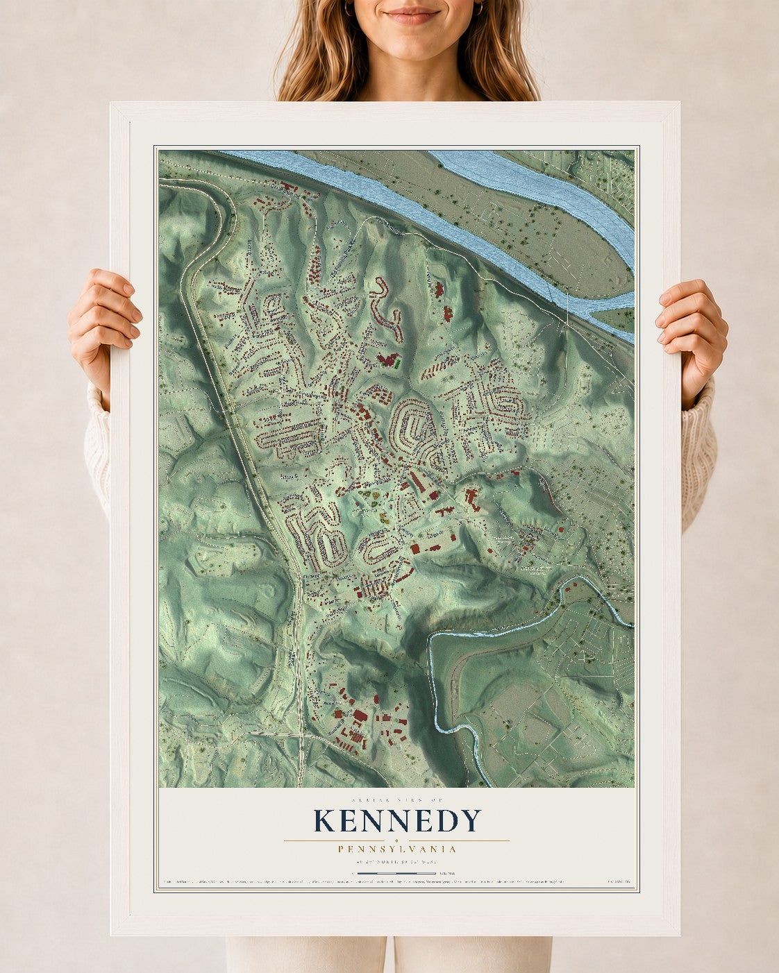Map of Kennedy, Pennsylvania, 24 x 36 inch print in a white wood frame