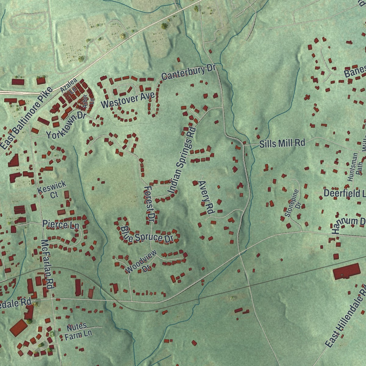 Close-up of the map of Kennett, Pennsylvania print showing street and building detail