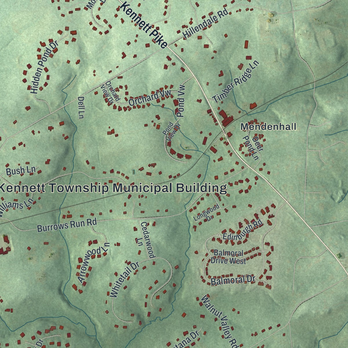 Second close-up of the map of Kennett, Pennsylvania print showing more streets and buildings