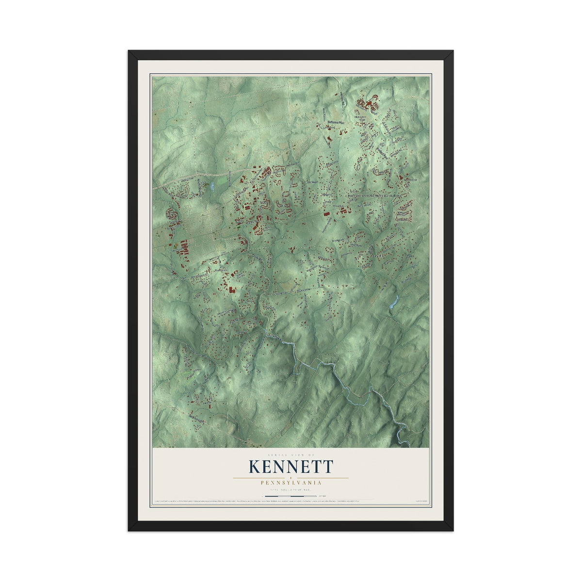 Map of Kennett, Pennsylvania, 12 x 18 inch print in a black wood frame