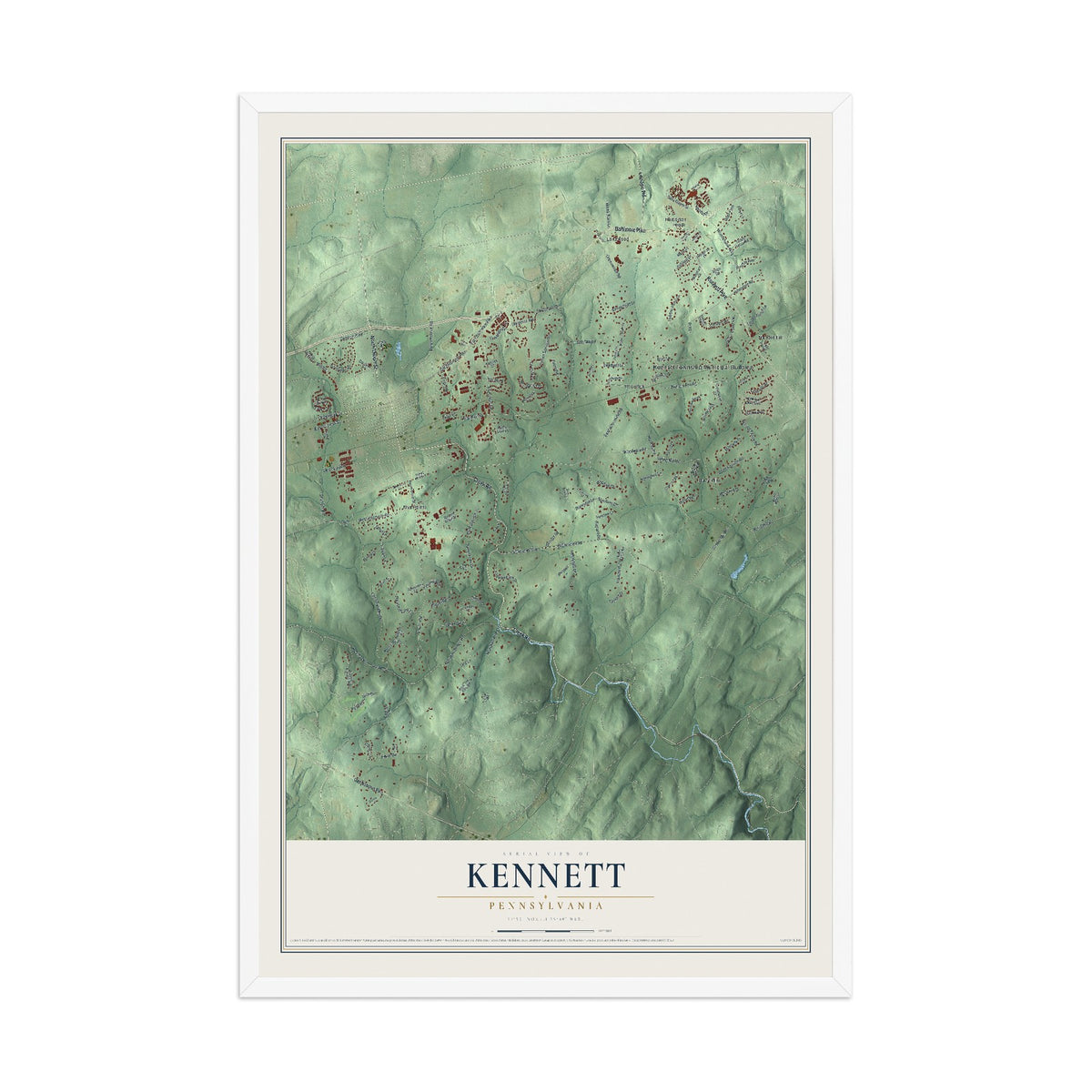 Map of Kennett, Pennsylvania, 12 x 18 inch print in a white wood frame