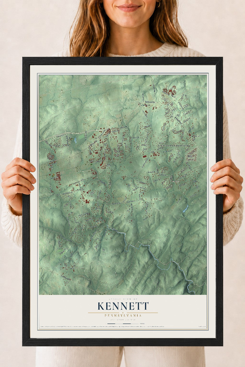 Map of Kennett, Pennsylvania, 18 x 24 inch print in a black wood frame