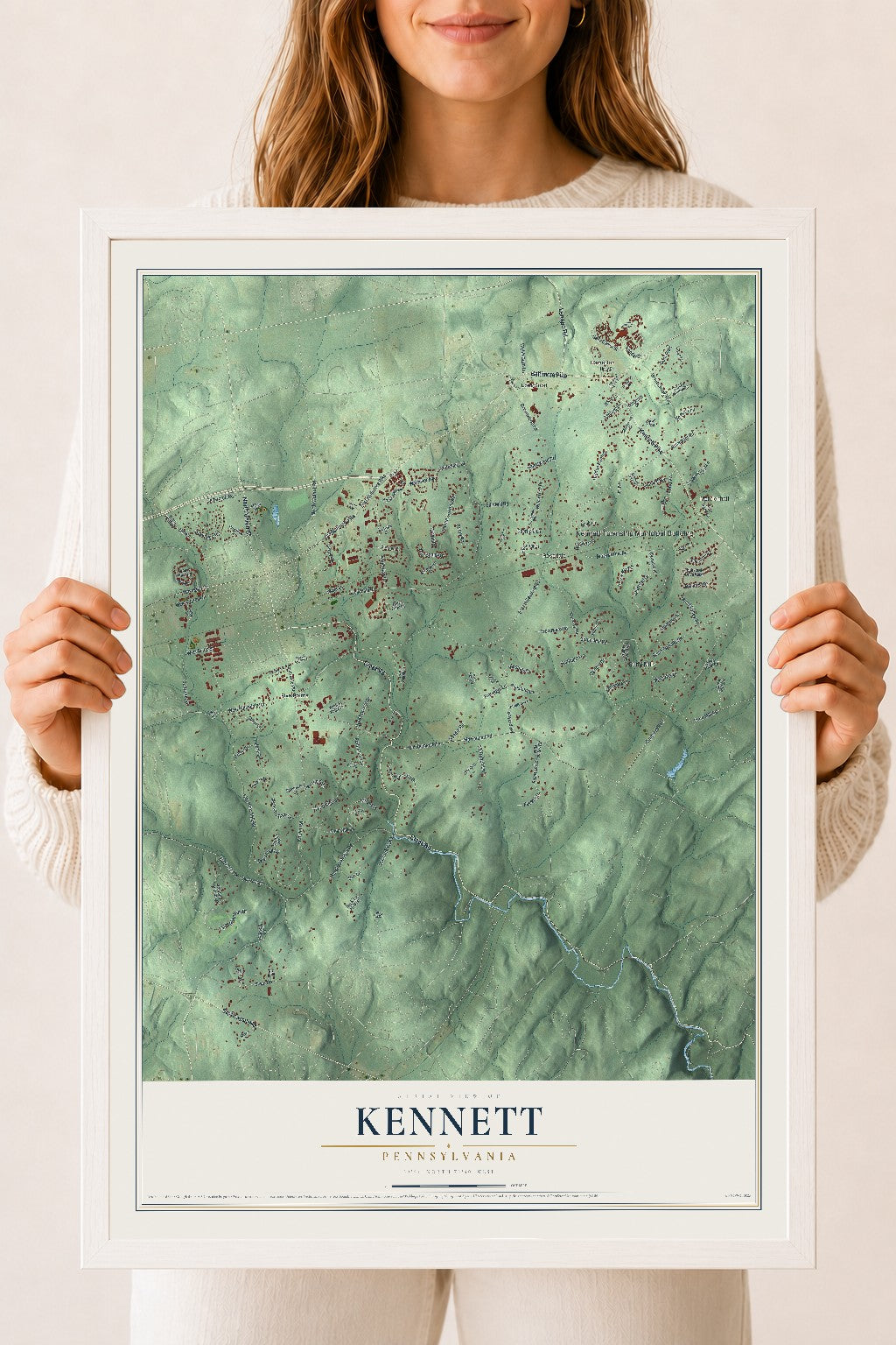 Map of Kennett, Pennsylvania, 18 x 24 inch print in a white wood frame