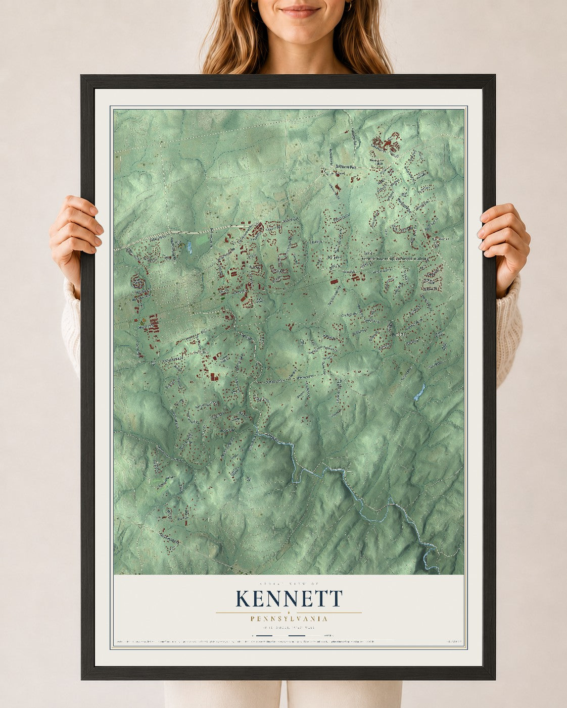 Map of Kennett, Pennsylvania, 24 x 36 inch print in a black wood frame