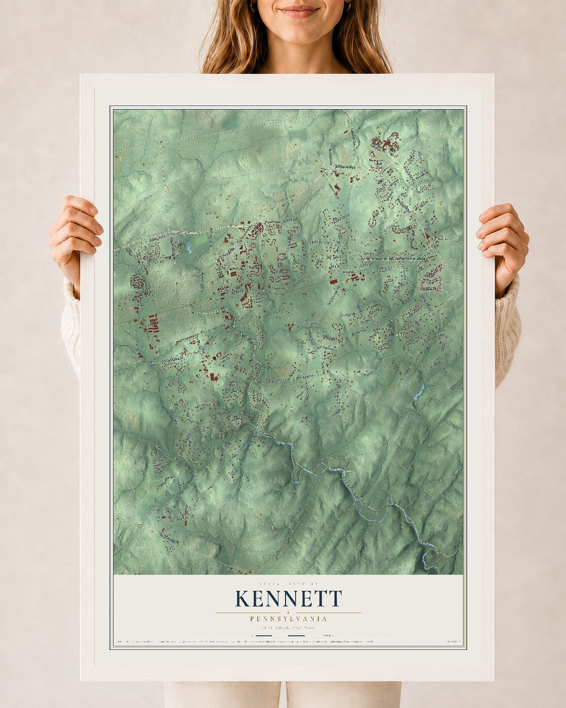 Map of Kennett, Pennsylvania, 24 x 36 inch print in a white wood frame