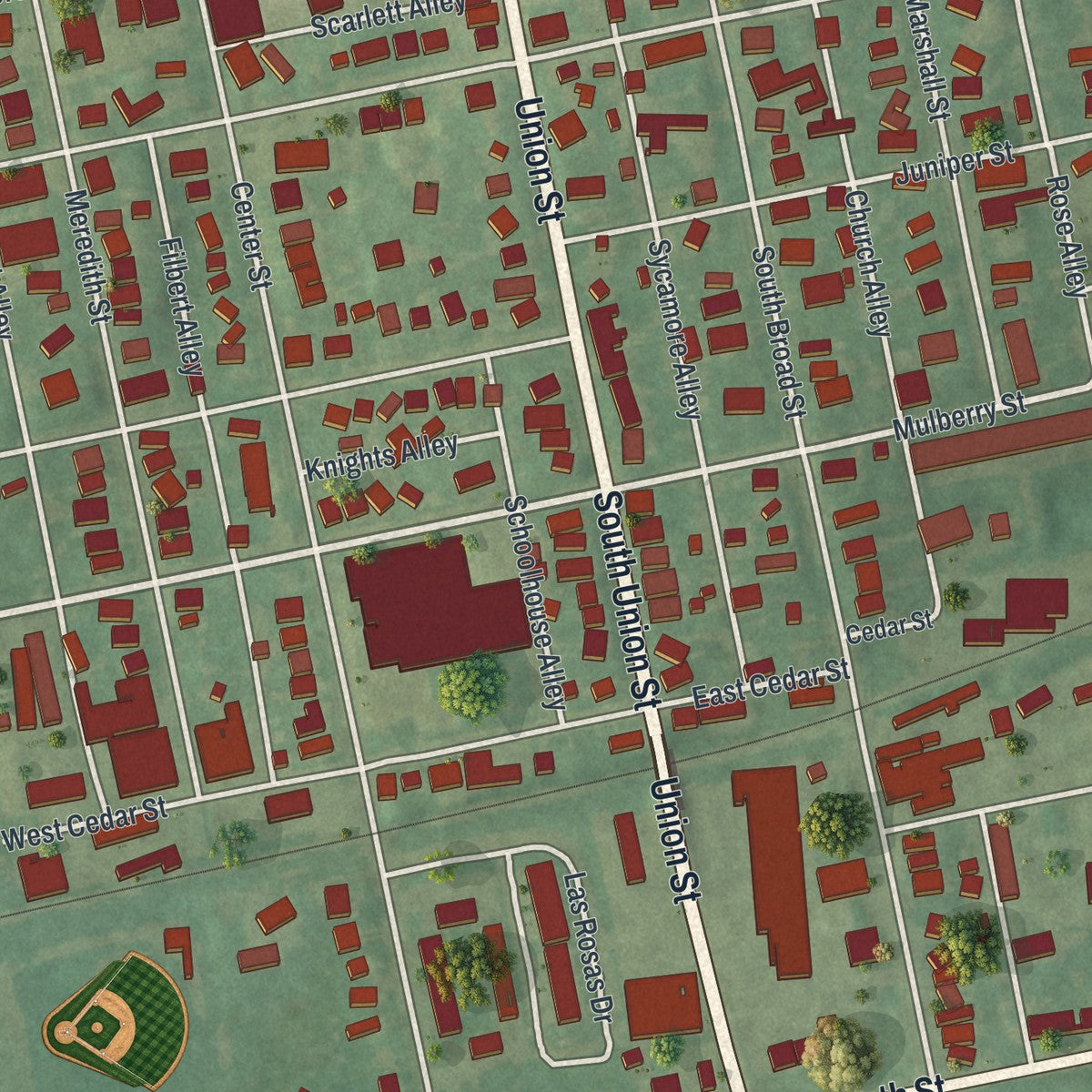 Close-up of the map of Kennett Square, Pennsylvania print showing street and building detail