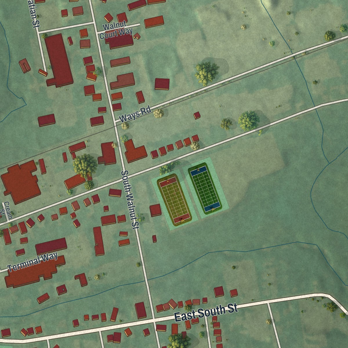 Second close-up of the map of Kennett Square, Pennsylvania print showing more streets and buildings