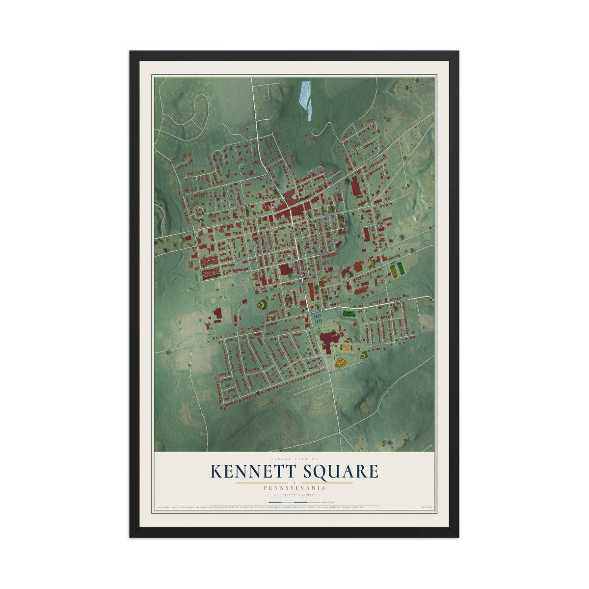 Map of Kennett Square, Pennsylvania, 12 x 18 inch print in a black wood frame