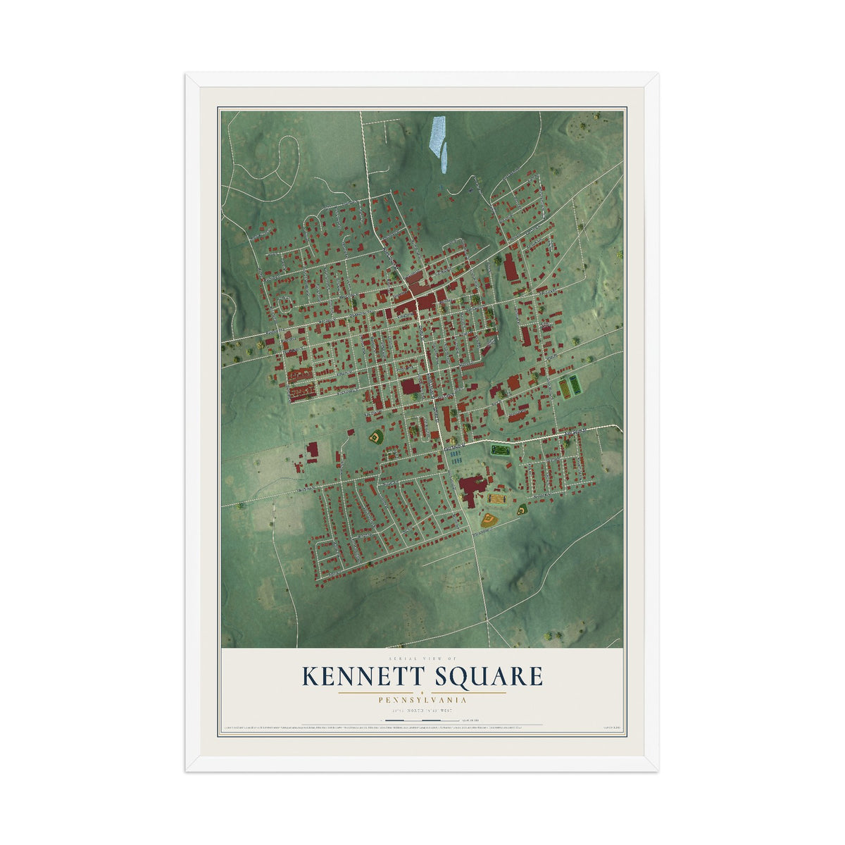 Map of Kennett Square, Pennsylvania, 12 x 18 inch print in a white wood frame