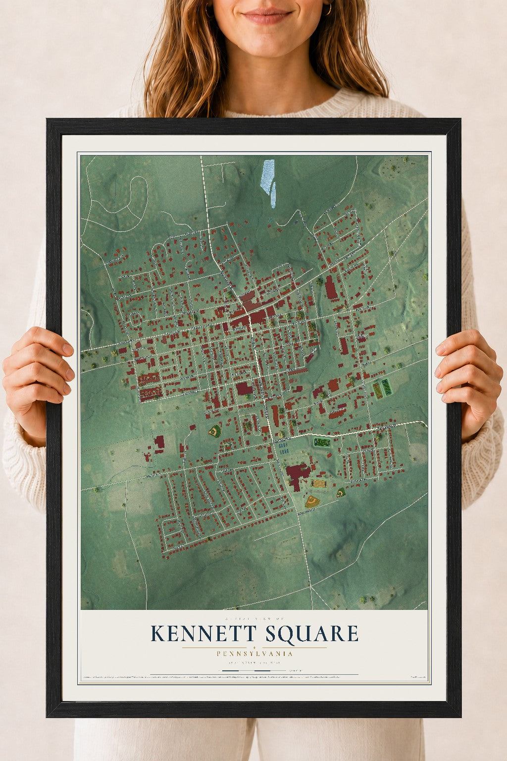 Map of Kennett Square, Pennsylvania, 18 x 24 inch print in a black wood frame