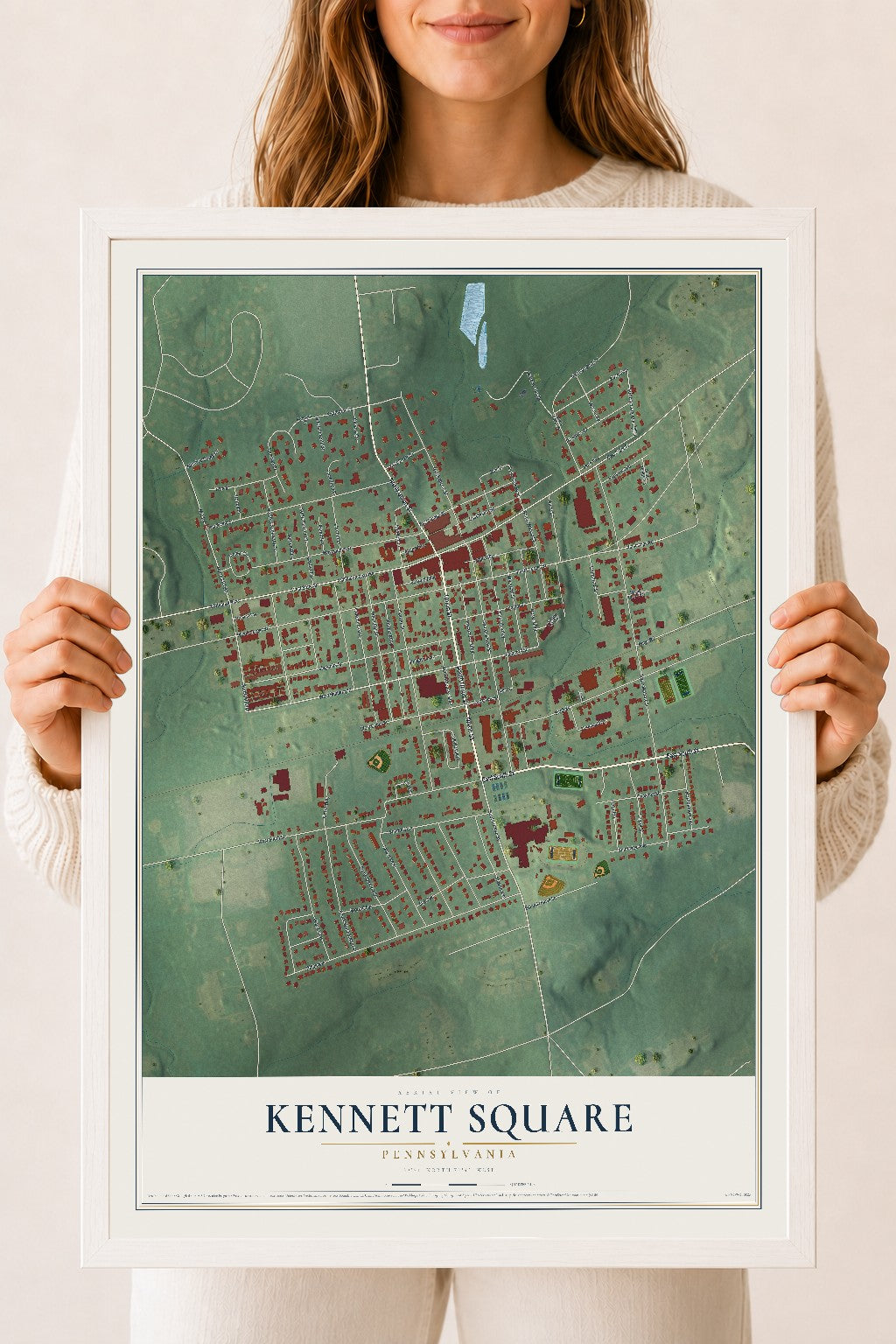 Map of Kennett Square, Pennsylvania, 18 x 24 inch print in a white wood frame